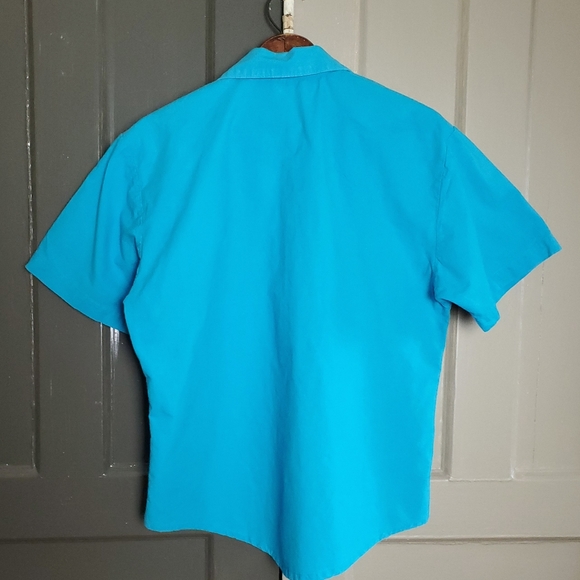 Vintage Blair Camp Shirt Blue White Atomic Applique Floral Medium - Picture 4 of 9